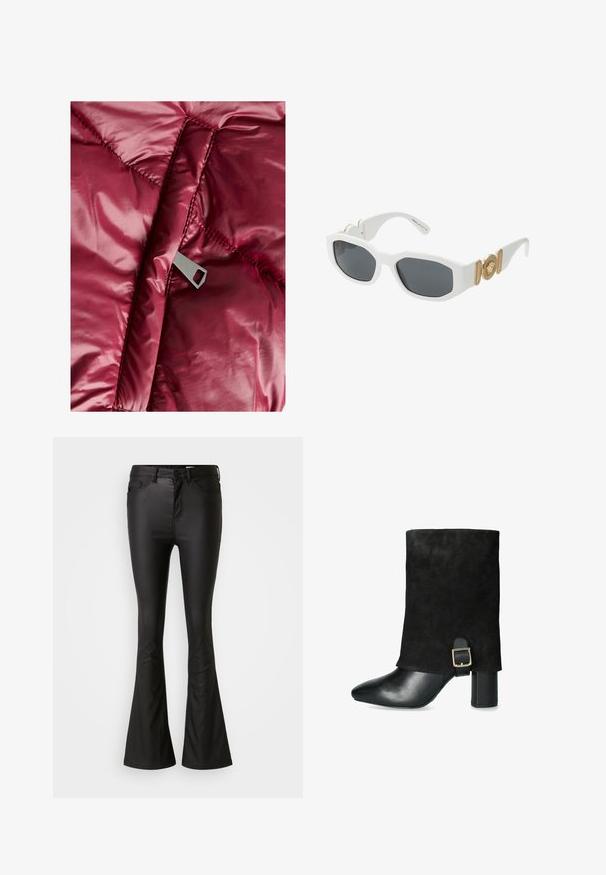 Geacă puffer burgundy, cu un exterior neted și lucios, cu secțiuni quilted și un fermoar metalic cu un tab de tragere cu o decupare rectangulară.; Tricou negru scurt, confecționat din bumbac, cu o croială lejeră, mâneci scurte și un guler rotund ribatat. Fără modele sau accente vizibile.; Jeans negri evazați, confecționați dintr-un material lucios și neted. Au talie înaltă, buzunare frontale și închidere cu fermoar și nasture.; Cizmă neagră până la gleznă, cu un suprafață din suede, vârf ascuțit, toc gros și o cataramă decorativă pe lateral, având un capac de vârf din piele netedă.; Ochelari de soare din plastic alb cu lentile de culoare gri închis, având un detaliu cu emblema aurie și accente texturate pe brațe. Formă pătrată.