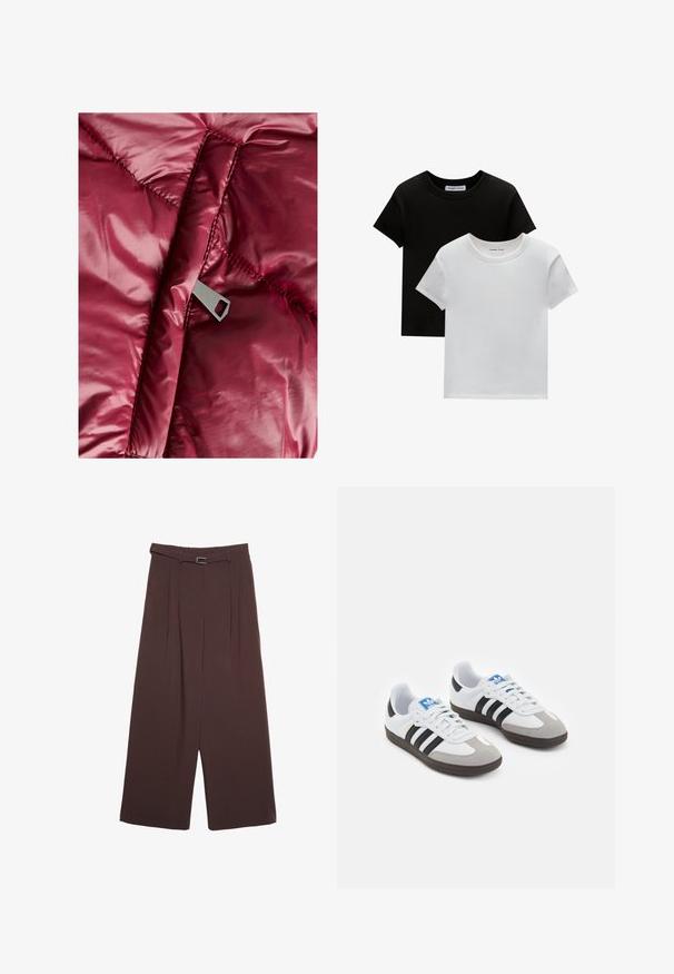 Burgundy pufferjacka som har en slät, glänsande yta med quiltade sektioner och en metallisk dragkedja med en rektangulär utskärning.; Två crew-neck t-shirts i svart och vitt, tillverkade av bomull. De har korta ärmar och ett enfärgat mönster utan mönster eller accentuerade detaljer.; Stradivarius WIDE-LEG WITH BUCKLE DETAIL - Tygbyxor - dark brown; Sportskor med överdel i vit läder, grå mocka på tårna och tre svarta ränder. Har en blå logotyp på tungan och en texturerad gummisula.