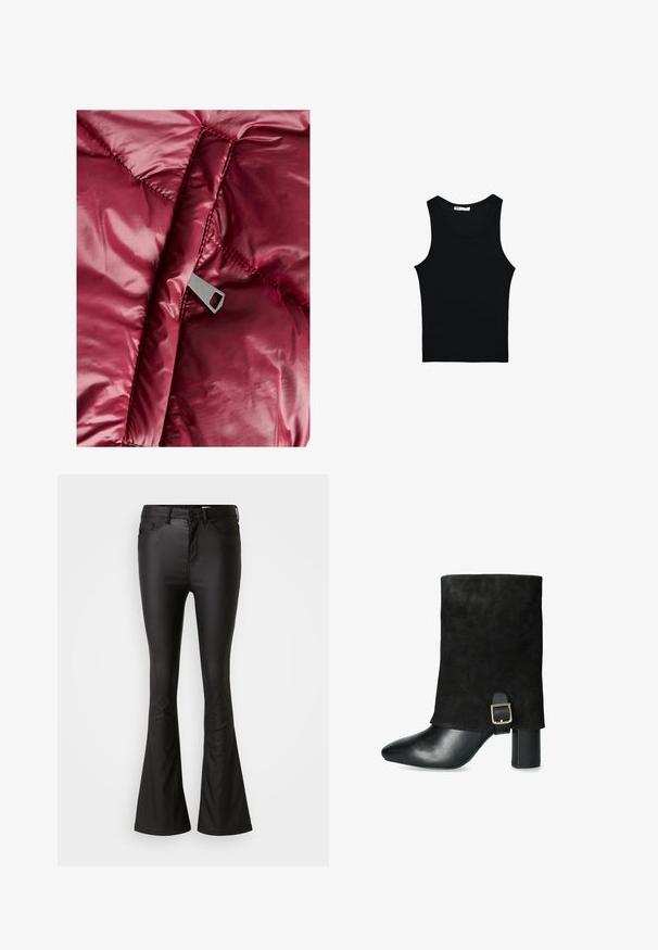 Bordeaux pufferjakke med en glat, skinnende overflade, quiltede sektioner og en metallisk lynlås med et rektangulært udsnit på trækroppen.; Sort bomulds tanktop med rund udskæring, ærmeløs design og tætsiddende silhuet. Glat tekstur med et subtilt ribbet mønster.; Sorte flared jeans lavet af et blankt, glat materiale. Har høj talje, forlommer og en lynlås med knaplukning.; Sorte ankelstøvler med en overdel af ruskind, spids tå, kraftig hæl og en dekorativ spænde på siden, med en glat lædertå-hætte.