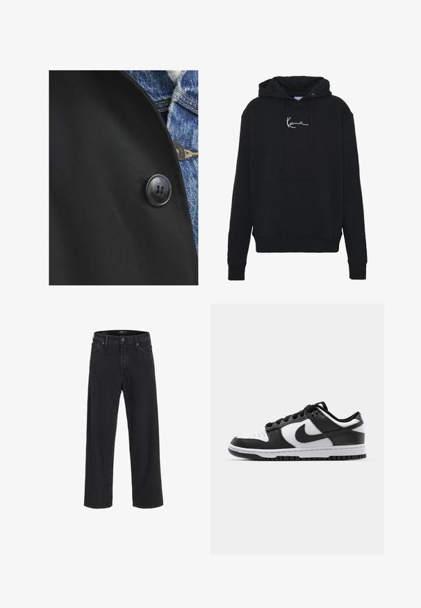 Jack & Jones MANTEL - Klasisks mētelis - black; Melnā kapuce, kas izgatavota no mīkstas auduma, ar priekšējo kabatu, auklām un balto logotipa izšuvumu uz krūtīm. Klasisks piegriezums un ribota aproce.; Melna klasisko taisno kāju džinsu bikses ar pogu un rāvējslēdzēju, jostas cilpas, kā arī priekšējām un aizmugurējām kabatām.; Melnas un baltas Nike Dunk kedas ar ādas virsu, perforētu pirkstu daļu, melnām šņorēm un melnu gumijas zoli ar protektora dizainu.