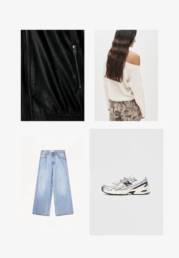 Čierna kožená bunda s textúrovaným povrchom, so strieborným zipsom vpredu a elastickými detailami v pase.; Krémový sveter bez ramienok s dlhými rukávmi, skombinovaný s patrónovanými cargo nohavicami s prírodnými odtieňmi a textúrovanou tkaninou.; Bershka WIDE-LEG - Široké nohavice - light-blue denim; Biele a šedé atletické tenisky s čiernym logom "N", sieťovaným zvrškom, polstrovanou podrážkou a šnurovacím dizajnom, zobrazené na jednoduchom svetlo šedom pozadí.