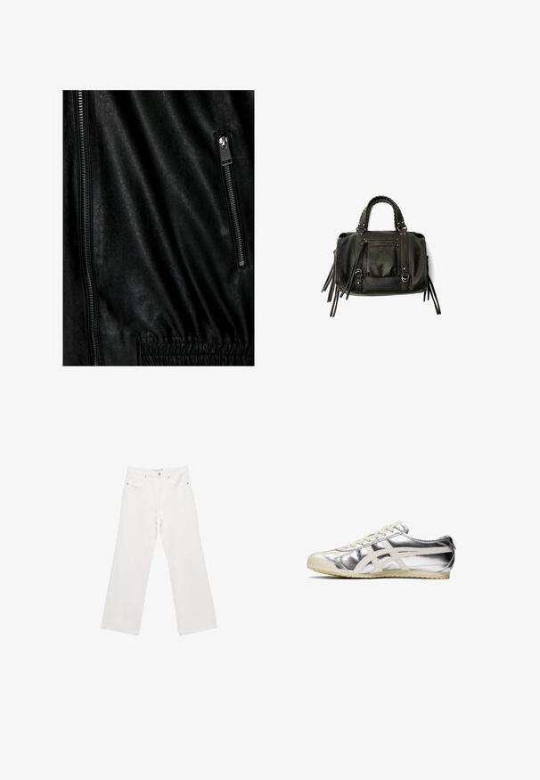 Veste en cuir noir avec une surface texturée, une fermeture éclair argentée sur le devant et des détails élastiques à la taille.; T-shirt en coton blanc avec un motif central en forme d'étoile en strass, manches courtes et col rond. Texture douce, coupe décontractée.; Pantalons en denim blanc à larges jambes avec un design classique à cinq poches, matériel en métal et coutures contrastées. Texture lisse et coupe décontractée.; Baskets métalliques argentées avec des accents et des lacets blancs. Présentent une surface texturée, un bout arrondi et une semelle en caoutchouc avec un motif pour l'adhérence.; Sac à main en cuir noir avec des poignées tressées, une poche zippée et des glands suspendus. Surface texturée avec des clous en métal et des accents en métal.