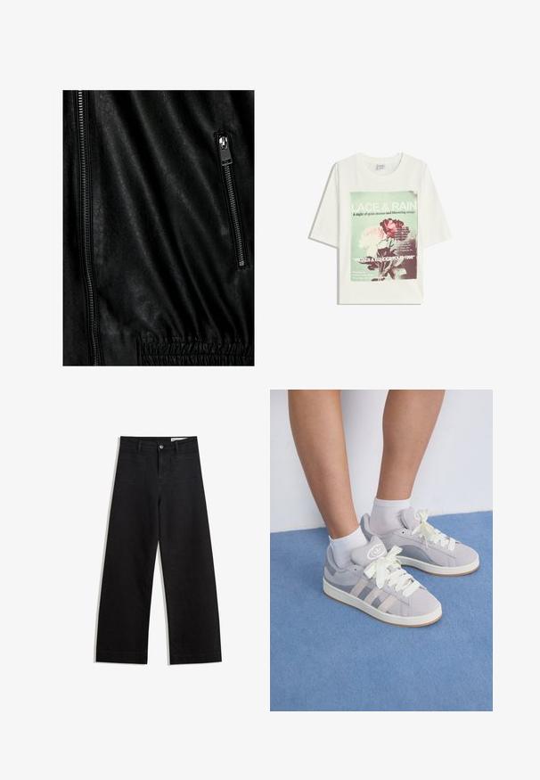 Zwarte leren jasje met een gestructureerd oppervlak, een zilveren rits aan de voorkant en elastische details rond de taille.; Witte T-shirt met korte mouwen, versierd met een groen- en roze bloemenprint en tekst die de tourdata en locaties van 1998 opsomt, op de voorkant.; Zwarte denim broek met wijde pijpen en een hoge taille, voorzien van voor- en achterzakken, gestikte naden en een knoopsluiting. Gladde textuur.; Grijze suède sneakers met witte veters en rubberen zool, met drie diagonale strepen aan de zijkant en een logo patch op de tong.