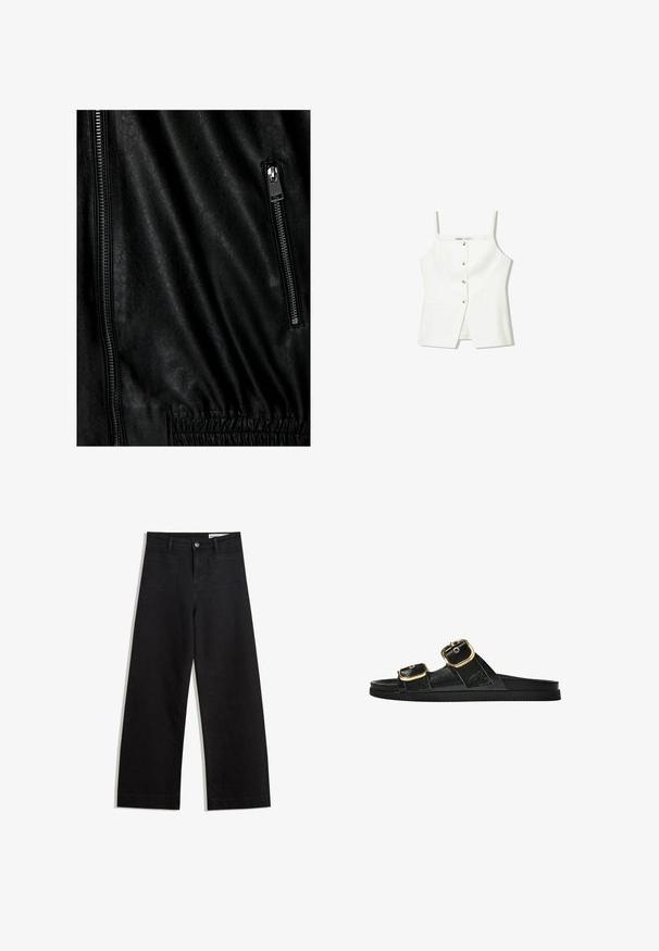 Črna usnjena jakna z teksturirano površino, s srebrnim zadrgo spredaj in elastičnimi detajli na pasu.; Bela brezrokavna majica z gumbi spredaj, stranskimi žepi in prilegajočim se krojem z rahlo razširjenim robom. Gladka tekstura, minimalno okrašena.; Črne široke denim hlače z visokim pasom, ki imajo sprednje in zadnje žepe, šivane šive ter gumbasto zapiranje. Gladka tekstura.; Črne drsne sandale z dvema zlatima zaponkama, gladkega materiala, ravnim podplatom in minimalističnim dizajnom.