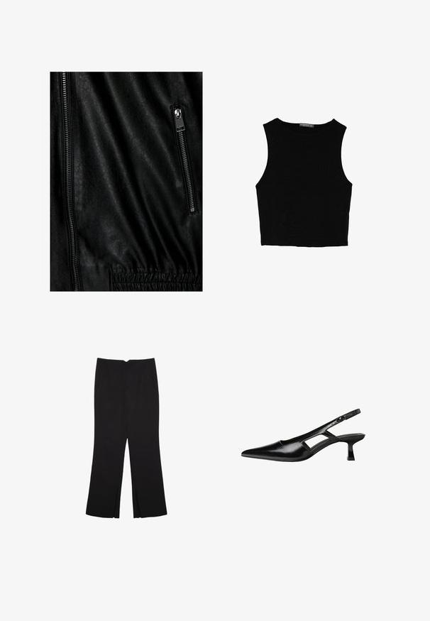 Schwarze Lederjacke mit strukturiertem Oberflächenmaterial, einem silbernen Reißverschluss auf der Vorderseite und elastischen Details an der Taille.; Schwarzes ärmelloses Crop-Top aus glattem Stoff, mit rundem Ausschnitt und einem klaren, schlichten Design ohne Muster oder Beschläge.; Schwarze Hose mit geradem Schnitt, ausgestattet mit Fronttaschen und Seitenschlitzen am Saum. Hergestellt aus weichem, glattem Stoff. Geeignet für verschiedene Anlässe.; Schwarze Lackleder-Slingback-High Heels mit spitzer Zehenform, ausgeschnittenem Seitendesign und kleinem Blockabsatz. Glatte Textur mit minimalen Akzenten.