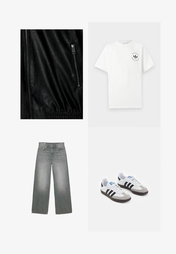 Crna kožna jakna s teksturiranom površinom, srebrnim patentnim zatvaračem sprijeda i elastičnim detaljima u struku.; Bijela pamučna majica kratkih rukava, okruglog izreza, s crnim Adidas Originals logom ispisanim na lijevom prsnom dijelu.; Široke sivo traperice s lagano izblijedjelim izgledom, dizajnom s pet džepova te klasičnim zakovicama i zatvaračem.; Sportske cipele s gornjištem od bijele kože, sivi suedinasti nos i tri crne pruge. Imaju plavi logo na jeziku i teksturiranu gumenu podlogu.
