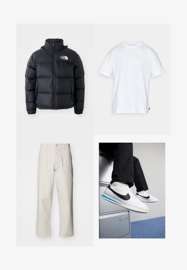 Crna puffer jakna s zatvaračem na sprijedu, podstavljenim dijelovima, visokim ovratnikom i logotipom The North Face na gornjoj lijevoj strani. Glatka tekstura, bez vidljivih uzoraka.; Bijela pamučna majica s kratkim rukavima i okruglim izrezom. Ima mali, diskretni Nike logo na prsima i oznaku sa strane.; Svijetlosmeđe široke hlače od pamuka. Imaju prednje džepove i kopčanje na dugme. Glatka tekstura s suptilnim vertikalnim linijama.; Bijele kožne tenisice s crnim Nike logotipom, svijetloplavi i sivi gumeni potplat te klasičan dizajn vezanja. Noge su naslonjene na ormar.