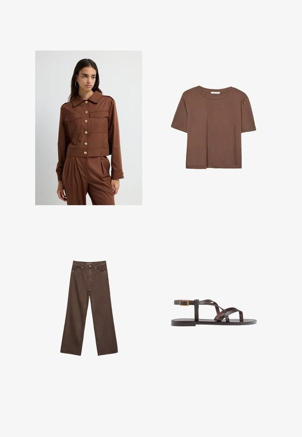 Nainen, jolla on pitkät tummat hiukset, pukeutuneena ruskeaan nappijakkuun ja siihen sopiviin pleatattuihin housuihin, seisoo vaaleaa taustaa vasten.; Kahvinsävyinen lyhythihainen t-paita, joka on valmistettu pehmeästä kankaasta. Pyöreä pääntie ja rento malli. Ei näkyviä kuvioita tai koristeita.; Leviittävät ruskeat farkut, jotka on valmistettu denimistä, korkea vyötärö, etutaskut ja klassinen nappikiinnitys. Silkkinen pinta hienovaraisella ompelutyöllä.; Ruske kožne sandale s križnim trakama, zatvaranjem na kopču oko gležnja i ravnim potplatom s minimalnim detaljima šivanja.
