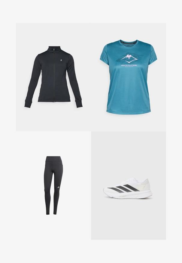 Veste noire zippée en tissu doux, avec un col haut, des manches longues et des rayures sur les côtés. Logo sur la poitrine gauche.; T-shirt de sport à manches courtes en teal, fabriqué en tissu lisse, avec un graphique de montagne en rose et le texte "ASICS FUJITRAIL" en dessous.; Leggings de sport noirs avec une taille haute, dotés d'une poche latérale et d'un logo blanc sur le bas de la jambe gauche. Le matériau semble respirant.; Chaussure de sport blanche avec des rayures noires en diagonale, tige en maille, bout arrondi et semelle texturée. Les accents comprennent un talon argenté et un design minimaliste.
