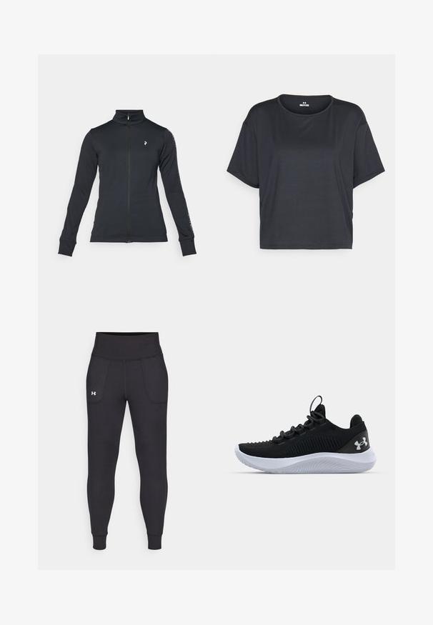 Zwarte zip-up jas gemaakt van zacht materiaal, met een hoge kraag, lange mouwen en zijsstripes. Logo op de linkerkant van de borst.; Zwarte kortekmouwen cropped t-shirt, met een ronde halslijn en een zachte, gladde stoftextuur. Geen zichtbare patronen of hardware.; Zwarte sportleggings van rekbaar materiaal, met een hoge tailleband, zijzakken en aansluitende boorden bij de enkels.; Zwarte sportieve schoenen met een ademende mesh bovenkant, een gestructureerd ontwerp en een witte rubberen zool. Voorzien van platte veters en een trekbandje aan de hiel.