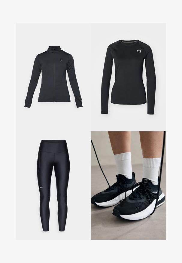Giacca nera a zip realizzata in tessuto morbido, con colletto alto, maniche lunghe e dettagli con strisce laterali. Logo sul lato sinistro del petto.; Maglietta sportiva nera a maniche lunghe realizzata in tessuto liscio, con scollatura tonda e un piccolo logo bianco sul lato sinistro del petto.; Leggings neri realizzati in materiale morbido e stretch con vita alta. Presentano un logo bianco sulla coscia sinistra e un design aderente.; Scarpe sportive nere con tessuto testurizzato, suola bianca e lacci neri. Indossate con calzini bianchi a costine, in piedi su una superficie chiara.