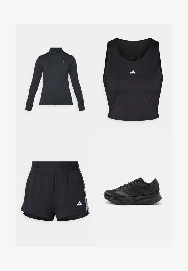 Schwarze Zip-Jacke aus weichem Stoff, mit hohem Kragen, langen Ärmeln und seitlichen Streifen. Logo auf der linken Brust.; Schwarzes Sport-Crop-Top aus feuchtigkeitsableitendem Material, mit rundem Halsausschnitt, ärmellosem Design und weißem Logo auf der Brust.; Schwarze Sportshorts mit einem elastischen Bund, ausgestattet mit einem strukturierten Band, seitlichen Streifen und einem weißen Adidas-Logo am unteren Saum.; Schwarzer Laufschuh mit einem atmungsaktiven Mesh-Obermaterial, runder Zehenpartie, schlankem Design, strukturierten Akzenten und einer gepolsterten Sohle für Komfort.