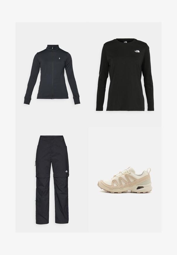 Svart zip-up jakke laget av myk stoff, med høy krage, lange ermer og sidestrekdetaljer. Logo på venstre bryst.; Svart langermet T-skjorte laget av bomull med rund hals. Har en liten hvit logo på venstre brystområde. Enkelt design og passform.; Svarte nylon cargo-bukser med glidelås og justerbare mansjetter, flere lommer og en logo på høyre bein. Glatt, lett tekstur.; Beige og krem joggesko med teksturert mesh-overdel, støttende overlegg og gummisåle med et mønster for godt grep.