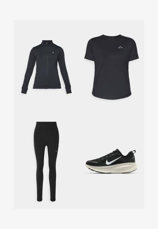 Črna zip-up jakna iz mehkega blaga, z visokim ovratnikom, dolgimi rokavi in stranskimi črtami. Logotip na levem prsnem delu.; Črna majica s kratkimi rokavi športnega stila s krojnim izrezom, gladek material in odsevni modri logotip na levi strani prsnega dela. Šivana obdelava ob šivih.; Črne legice z visokim pasom, narejene iz raztegljivega materiala. Imajo majhen bel logotip na levi strani in detajle na stranskih šivih.; Črne Nike tekaške čevlje z zračno mrežno zgornjim delom, belim logotipom Swoosh, teksturiranimi detajli in smetanasto barvnim srednjim delom ZoomX.