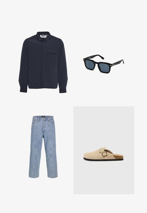Mørkeblå, letvægts, isoleret jakke med trykknapper, spidse krave og en enkelt brystlomme. Glat, blank stoftekstur.; Langærmet stribet skjorte i sort og hvid med en rund halsudskæring og en lille brystlomme på venstre side. Blødt bomuldsstof.; Lysblå denimjeans med løs pasform, brede ben og synlige syninger. Har knap- og lynlåslukning samt fem lommer.; Beige ruskinds-sandaler med korkfodseng, rund tå og en enkel rem med en guldfarvet spænde. Gummisål for godt greb.; Sorte firkantede solbriller med mørke linser, mat finish og guldmetal detaljer på stangen, der har et minimalistisk design.