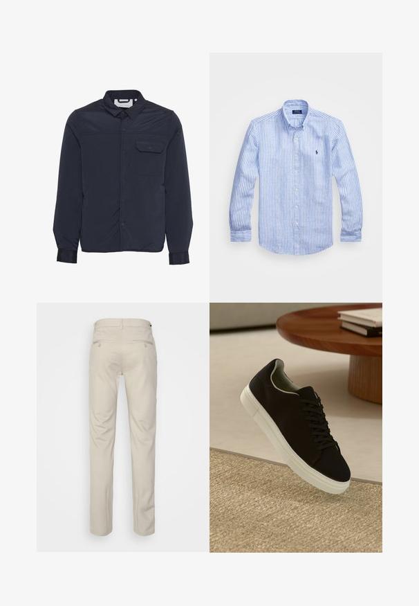 Námornícky modrá, ľahká, zateplená bunda s cvokmi, špicatým golierom a jednou náprsní kapsou. Hladká, lesklá textúra látky.; Modrá a biela prúžkovaná košeľa s dlhými rukávmi vyrobená z bavlny, vybavená golierom na gombíky, prednými gombíkmi a malým vyšitým logom na hrudi.; Béžové nohavice s hladkou textúrou, rovný strih, dve zadné vrecká s gombíkmi a štandardný pás.; Čierna teniska s bielou podrážkou plávajúca nad béžovým textúrovaným kobercom pri okrúhlom drevenom stole s hromadou kníh.