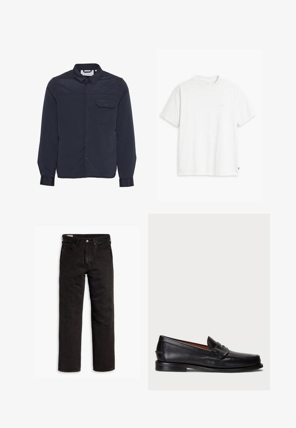 Marineblå, lett, isolert jakke med trykknapper, spiss krage og en enkelt brystlomme. Glatt, skinnende stofftekstur.; Hvit bomull t-skjorte med korte ermer, rund hals og subtilt Levi's-logo trykt i midten. Myk tekstur og standard passform.; Svarte rette dongeribukser med fem lommer, knappefeste og beltehemper, lagt flatt på en hvit bakgrunn.; Sorte lær loafer med rund tå, broderte detaljer og et dekorativt bånd over fronten. Flat såle med minimal profil.