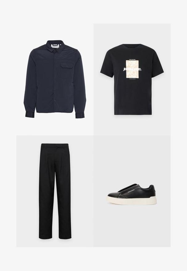Marineblaue, leichte, isolierte Jacke mit Druckknöpfen, spitzem Kragen und einer Brusttasche. Glatte, glänzende Stofftextur.; Schwarzes Baumwoll-T-Shirt mit Rundhalsausschnitt. Hat eine beige rechteckige Grafik und weißen Text "JAWO", zentriert auf der Vorderseite. Kurze Ärmel.; Schwarze Hose aus glattem Stoff, mit geradem Bein Design, zwei vorderen Falten und einem Standardbund mit Gürtelschlaufen.; Schwarzer Schlupfschuh aus strukturiertem Lederobermaterial, mit weißer Gummisohle und ohne sichtbare Schnürsenkel. Mit Markenlogo an der Seite.