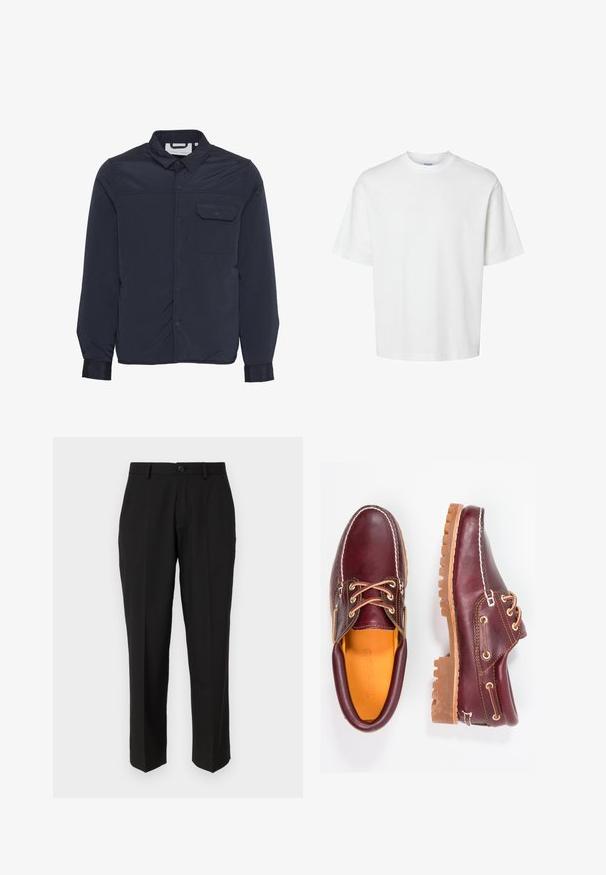 Jūras zilas, vieglas, izolētas jakas ar pogām, izliekto apkakli un vienu krūšu kabatu. Gluda, spīdīga auduma tekstūra.; Balts kokvilnas T-krekls ar īsām piedurknēm, apaļu kakla izgriezumu un brīvu piegriezumu. Gluda tekstūra bez redzamām rakstu vai akcentu detaļām.; Melnas bikses, kas izgatavotas no gludas auduma, ar taisnu kāju dizainu, priekšējām kabatām, vienas pogas aizdari un bez redzamām rakstām.; Burgundijas krāsas ādas apavi ar brūniem gumijas zole, apaļiem purngalu, baltu šuvumu un zelta caurumiem. Iekšpusei ir dzeltena oderējums.