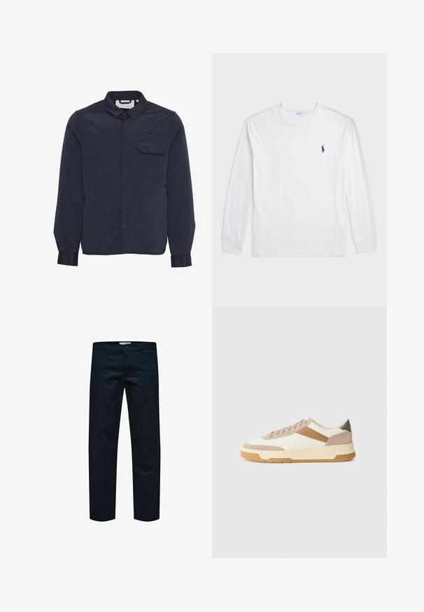 Tumesinine, kergest ja soojustatud jakk, millel on nööbid, terav krae ja üks rinnatasku. Sile ja läikiv kangas.; Valge pika varrukaga T-särk, millel on puuvillane kangas. Omab ümmargust kaelust, soonikuid mansette ja väikest tumesinist polo logo vasakul rinnaosas.; Mustadest puuvillast pükstest sirge jala disainiga, millel on lihtne nööbi sulgemine ja tavalised taskud. Sile tekstuur ja nähtavaid mustreid pole.; Beige, kreemi ja oliivroheline spordijalats, mis on valmistatud nahast ja sametmaterjalist, ringikujulise varbaga, minimalistliku disainiga ja kummist tallaga.