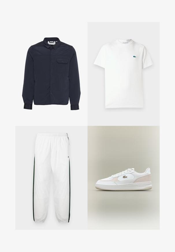 Marineblaue, leichte, isolierte Jacke mit Druckknöpfen, spitzem Kragen und einer Brusttasche. Glatte, glänzende Stofftextur.; Weißes Baumwoll-T-Shirt mit Rundhalsausschnitt, kurzen Ärmeln und einem kleinen grünen gestickten Krokodil-Logo auf der linken Brust.; Weiße Trainingshose mit dunkelgrünen Seiteneinsätzen. Leichtes Material, elastischer Bund und gerippte Säume. Mit Netzstruktur an den Seiteneinsätzen.; Weiße Sneaker mit glattem Lederobermaterial, Wildlederakzenten und Gummisohle. Verfügt über ein geprägtes Logo und ein Schnürdesign. Minimalistische Ästhetik.