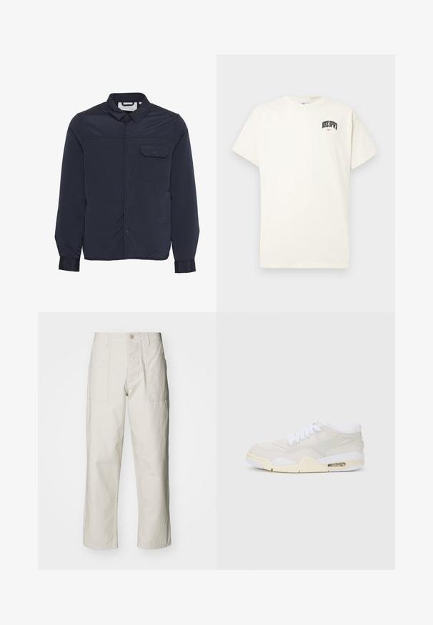 Veste légère, isolée, de couleur bleu marine avec des boutons pression, un col pointu et une poche poitrine unique. Texture du tissu lisse et brillante.; T-shirt en coton couleur crème à manches courtes, avec "NIKE SB" en texte noir et rouge sur la poitrine. Col rond standard.; Pantalons larges beige clair en coton. Dotés de poches avant et d'une fermeture à bouton. Texture lisse avec de légères lignes verticales.; Baskets avec une tige synthétique beige clair, des lacets blancs et un amorti visible. Présentent une semelle lisse et des accents latéraux subtils.