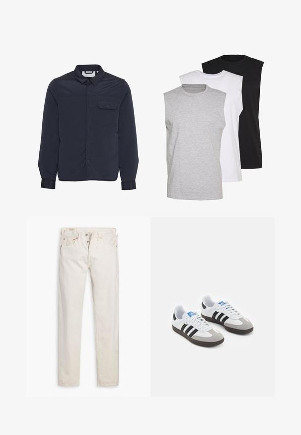 Navy blue, lightweight, insulated jacket with snap buttons, pointed collar, and a single chest pocket. Smooth, shiny fabric texture.; Three sleeveless t-shirts in gray, white, and black. Soft cotton material with a crew neck and relaxed fit. Simple design, no patterns.; Off-white high-rise slim-fit jeans with button fly, five pockets, and copper rivets, laid flat on a white background.; Sport shoes with a white leather upper, gray suede toe, and three black stripes. Features a blue logo on the tongue and a textured rubber sole.