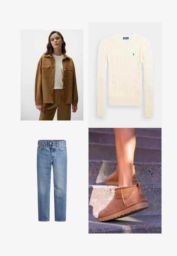 Giacca in suede marrone con chiusura a bottone, due tasche sul petto e vestibilità comoda, indossata sopra una camicia color crema e pantaloni coordinati.; Maglione crema a costine con maniche lunghe, polsini e orlo a coste, caratterizzato da un piccolo logo ricamato sul lato sinistro del petto.; Jeans in denim blu chiaro con taglio dritto, design a cinque tasche e chiusura con bottone. Presentano una leggera sbiaditura e dettagli in cucitura arancione.; Stivali alla caviglia in suede beige con una consistenza morbida, dettagli cuciti e suola in gomma, dotati di un tacco ad anello per una facile vestibilità.