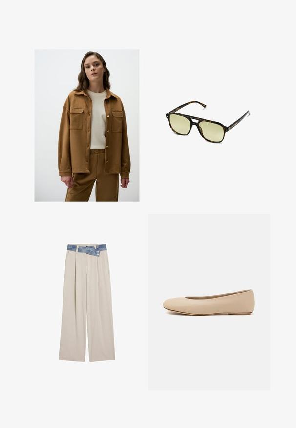 Veste en daim marron avec un devant à boutons, deux poches poitrine et une coupe décontractée, portée sur une chemise crème et un pantalon assorti.; Pull en tricot avec des motifs de vagues en bleu et blanc, présentant un col rond couleur crème et des poignets et un ourlet côtelés. Design texturé sur l'ensemble.; Pantalons larges beige clair avec une ceinture en denim comportant deux boutons et des détails plissés à l'avant. Texture lisse et coupe décontractée.; Ballerines en cuir beige avec un bout arrondi, un minimum de coutures, un petit talon et un logo subtil à l'arrière. Texture lisse et mate.; Lunettes de soleil écaille de tortue avec une forme rectangulaire, des verres teintés de vert et des montures en acétate à motifs. Présente des accents en métal près des verres.