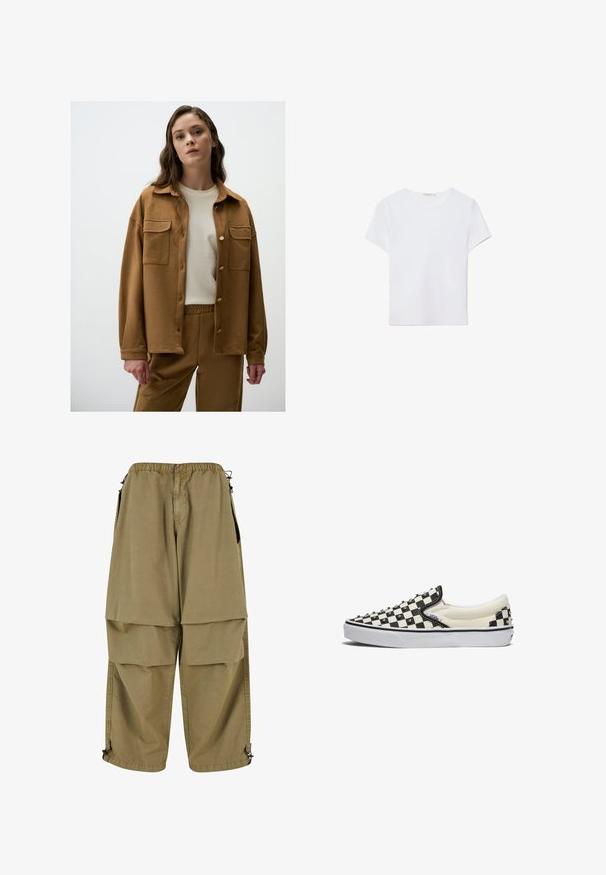 Brown suede jacket with a button-up front, two chest pockets, and a relaxed fit, worn over a cream shirt and matching pants.; White short-sleeve t-shirt made of soft fabric. Features a round neckline and a simple, clean design with a straight hemline.; Tan cargo pants with an elastic waist, large front pockets, and adjustable cuffs. Made of lightweight fabric with a smooth texture.; Vans CLASSIC - Slip-ons - black