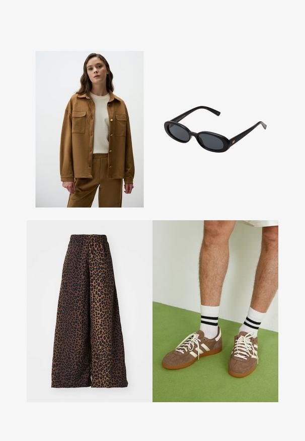 Brown suede jacket with a button-up front, two chest pockets, and a relaxed fit, worn over a cream shirt and matching pants.; White cotton t-shirt with short sleeves, crew neckline, and a relaxed fit. Smooth texture and simple design, no patterns or accents.; Wide-leg trousers made of smooth fabric, featuring a brown background with a black leopard print pattern and an elastic waistband.; Brown suede sneakers with white accents and laces. Rubber gum sole. Worn with white socks featuring black stripes. Green textured flooring.; Black oversized sunglasses with oval lenses, smooth plastic frame, and gold accents on temple. Dark lenses provide sun protection.