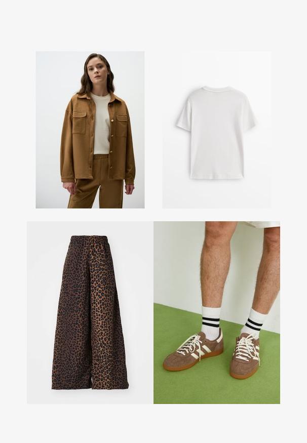 Braune Wildlederjacke mit Knopfverschluss vorne, zwei Brusttaschen und lockerer Passform, getragen über einem cremefarbenen Hemd und passenden Hosen.; Weißes T-Shirt mit kurzen Ärmeln aus weicher Baumwolle, mit rundem Ausschnitt und einem schlichten, klaren Design ohne Muster oder Grafiken.; Weite Hose aus glattem Stoff, mit braunem Hintergrund und schwarzem Leopardenmuster sowie einem elastischen Bund.; Braune Wildleder-Sneaker mit weißen Akzenten und Schnürsenkeln. Gummisohle in Kautschuk-Optik. Getragen mit weißen Socken, die schwarze Streifen haben. Grüner strukturierter Fußboden.