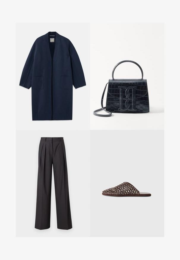 Cămașă lungă bleumarin cu croială lejeră, mâneci largi, decolteu în V și două buzunare frontale. Fabricată dintr-un material neted, texturat.; Cămașă neagră cu mâneci lungi, având un guler cu nasturi, material transparent, croială dreaptă și o textură subtilă, cu un design al plăcii frontale.; Pantaloni cu picioare largi dintr-un material gri închis, care prezintă pliseuri frontale, o textură netedă, o talie medie și bucle pentru curea.; Sandale tip slide împletite, de culoare maronie, cu vârf rotund, design deschis, talpă plată și suprafață texturată. Material ușor și siluetă minimalistă.; Geantă din piele cu model de crocodil negru, cu un design structurat, mână superioară, curea ajustabilă și un detaliu proeminent cu logo pe față.