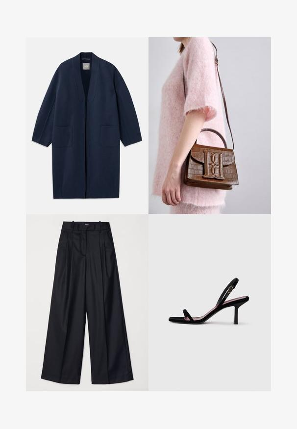 Námornícky modrý dlhý kabát s voľným strihom, širokými rukávmi, V-výstrihom a dvoma prednými vreckami. Vyrobený z hladkej, štruktúrovanej tkaniny.; Námornícky modrá voľná košeľa vyrobená z hladkej bavlnenej tkaniny. Má klasický golier, predné zapínanie na gombíky a prehnané rukávy.; Čierne široké nohavice vyrobené z hladkej tkaniny, so zvýšeným pásom, plisovaním a strihom na mieru. Jednoduché čierne kovanie v oblasti pásu.; Čierne semišové dámske sandále na vysokom opätku s tenkými popruhmi a zlatou prackou na bielom pozadí, bočný pohľad.; Hnedá kabelka s embosovaným vzorom krokodíla, so spodnou rukoväťou a ramenným popruhom. Obsahuje výrazné logo na prednom klape. Mäkká textúra.