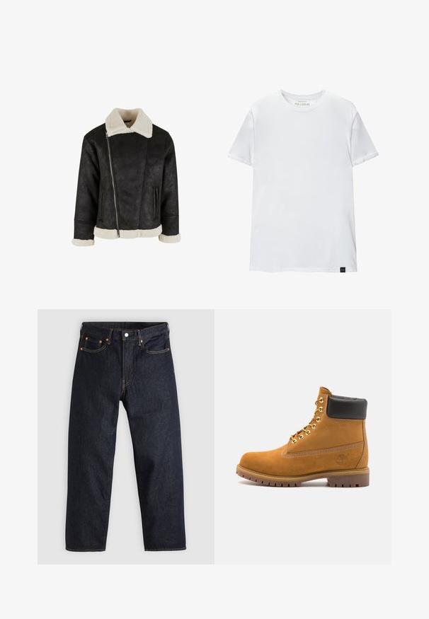 Svart konstläderjacka med en krämfärgad konstskinnskrage och manschetter, med diagonaldragkedja och sidofickor. Enkel, kort design.; Vit muskelpassande t-shirt tillverkad i bomull. Rund hals, korta ärmar, slät textur. Litet svart logotag vid fållen. Enkelt design.; Mörkblå denimjeans med rak passform, fem fickor, kontrasterande orange sömmar och knappgylf. Inga synliga mönster eller dekorationer.; Tan mockasins ankelstövlar med svart vadderad krage, guldmetallöglor, vit sömdekor och slitstöt gummisula med utmärkta mönster.