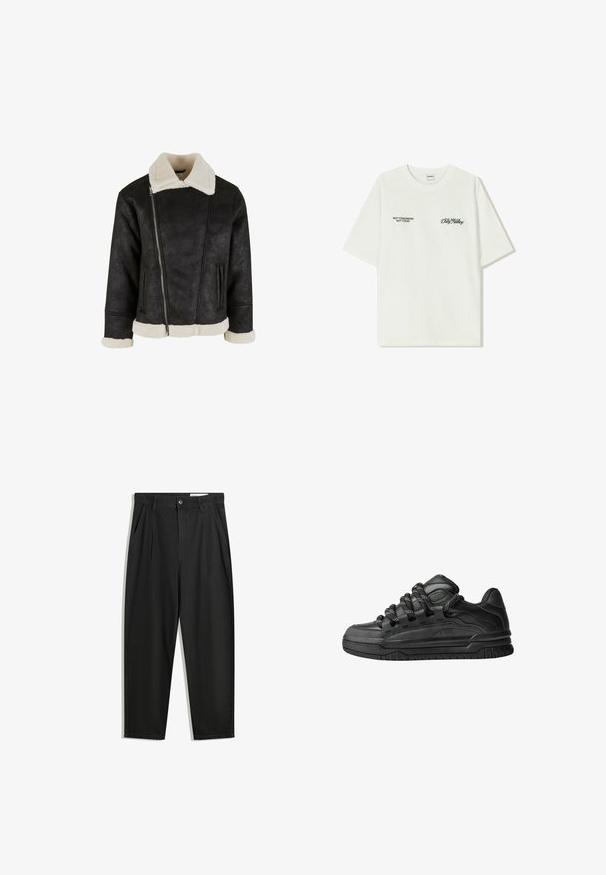 Crna faux kožna jakna s kremastim faux jastučićem na kragni i manžetama, s dijagonalnim patentnim zatvaračem i bočnim džepovima. Jednostavan, skraćeni dizajn.; Bijela pamučna majica kratkih rukava. Na prednjem dijelu nalazi se crni natpis: "NE SJUTRA NE DANAS" i "UMJETNOST KRETANJA PRAHOM" na zelenoj boji.; Crne pamučne hlače s opuštenim krojem, s klasičnim pojasom, prednjim nabranjima i bočnim džepovima. Glatka tekstura bez uzoraka.; Crne tenisice s glatkom kožnom gornjom površinom, teksturiranim detaljima i okruglim crnim i bijelim vezicama. Debeli gumeni potplat s uzorkom.