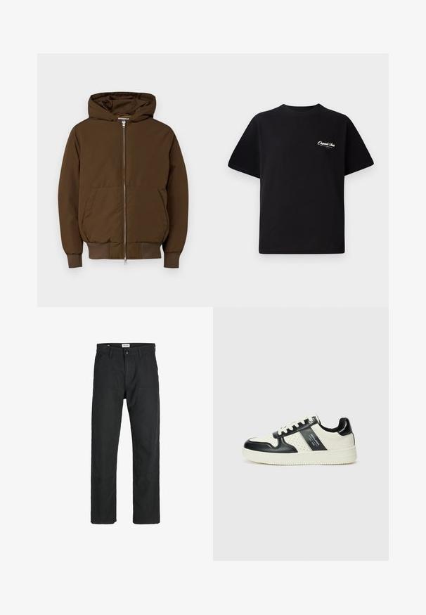 Jack & Jones JCOCOLLECTIVE - Winter jacket - slate black; Black cotton t-shirt featuring a crew neckline, short sleeves, and small white logo text on the left chest. Simple design, classic fit.; Black pants made of durable fabric, featuring a straight-leg design, stitched accents, and two front pockets for functionality.; Leather sneakers with a black and cream color scheme, featuring perforated accents, a padded collar, and a textured outsole.