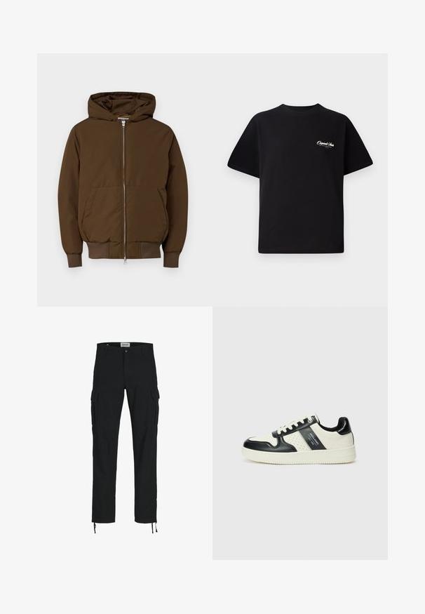 Jack & Jones JCOCOLLECTIVE - Talvejope - slate black; Must mustrüst t-särk, millel on ümar kaelus, lühikesed varrukad ja väike valge logo tekst vasakul rinnal. Lihtne disain, klassikaline sobivus.; Mustad mustad püksid sirge lõikega, külje taskutega, nööbiga kinni ja elastsete paeltega pahkluudes. Valmistatud vastupidavast kangast.; Nahatud nahkkingad musta ja kreemi värviskeemiga, millel on perforeeritud aktsendid, pehme krae ja tekstureeritud tallad.