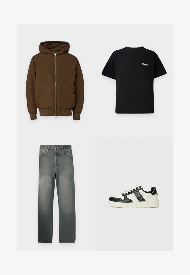 Jack & Jones JCOCOLLECTIVE - Giacca invernale - slate black; T-shirt in cotone nero con scollatura rotonda, maniche corte e piccolo testo del logo bianco sul lato sinistro del petto. Design semplice, vestibilità classica.; Jack & Jones JJIALEX JJCOOPER - Jeans baggy - black denim; Sneakers in pelle con una combinazione di colori nero e crema, dotati di dettagli perforati, collare imbottito e suola testurizzata.