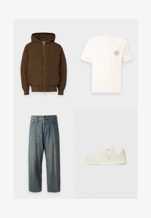 Jack & Jones JCOCOLLECTIVE - Winterjacke - slate black; Weißes T-Shirt mit kurzen Ärmeln und rotem Text "Studio Originals Edition" auf der linken Brust, präsentiert vor einem neutralen grauen Hintergrund.; Helle blaue Denim-Jeans mit lockerer Passform, mittelhoher Taille und geraden Beinen. Hat fünf Taschen, Gürtelschlaufen und einen Knopfverschluss.; Cremefarbene Sneaker mit perforierten Details, Schnürsenkeln und Logo an der Seite, vor einem schlichten weißen Hintergrund präsentiert.