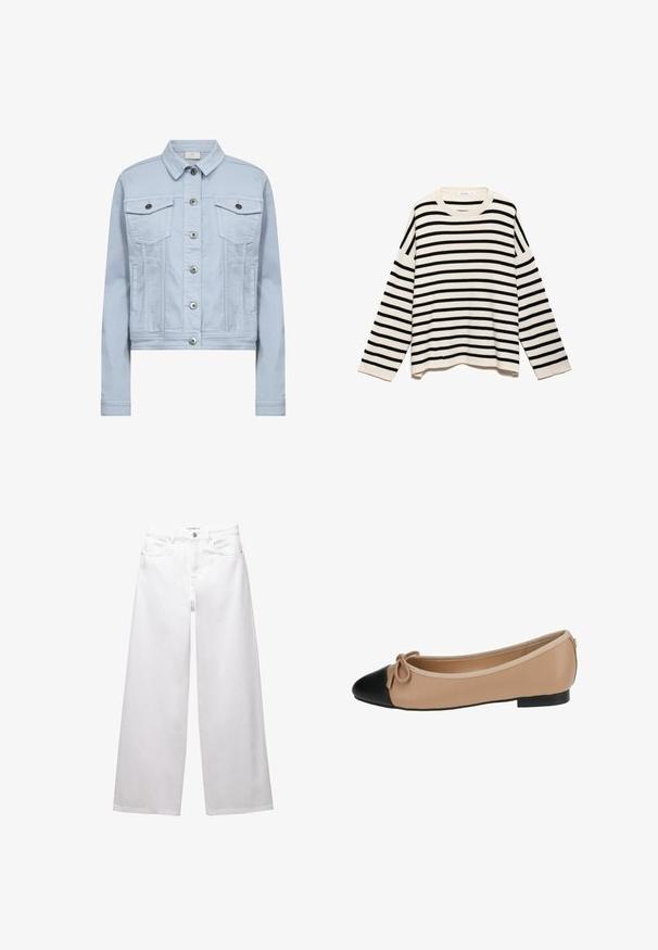 Svetlomodrá rifľová bunda s golierom, dvoma náprsníkovými vreckami a striebornými prvkami s gombíkovým zapínaním. Krátky strih a jemná textúra.; Prúžkovaný sveter s čiernym a krémovým vzorom, vyrobený z textúrovanej látky, s dlhými rukávmi a okrúhlym výstrihom.; Biele široké džínsy vyrobené z denimu. Obsahujú zapínanie na gombík, predné a zadné vrecká a prešité švy. Hladká textúra s minimálnym zdobením.; Baleríny z béžovej kože s čiernou špičkou. Obsahujú prednú mašľu a hladký povrch. Nízky profil s gumovou podrážkou.