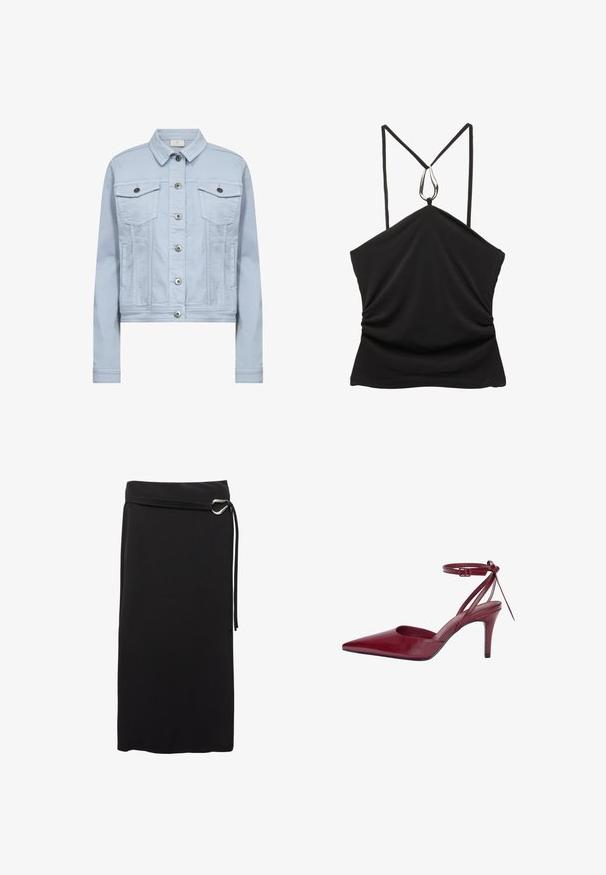 Lichtblauwe denimjack met een gekraagde hals, twee borstzakken en zilverkleurige hardware met knoopsluitingen. Cropped fit en een zachte textuur.; Zwarte mouwloze top met een V-hals en dunne bandjes, met een zilveren druppelaccent bij de halslijn en een geplooide textuur aan de voorkant.; Zwarte midi rok van gladde stof. Heeft een minimalistisch ontwerp, een riem met een metalen ring en een hoge taille.; Bordeaux lederen hoge hakken met een spitse neus, open zijkanten en enkelbandje. Heeft een slank ontwerp en een gladde textuur.