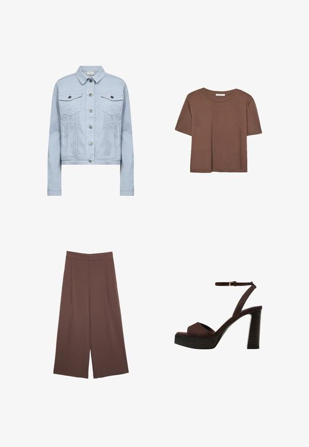 Lichtblauwe denimjack met een gekraagde hals, twee borstzakken en zilverkleurige hardware met knoopsluitingen. Cropped fit en een zachte textuur.; Korte mouwen T-shirt in bruin, gemaakt van een zachte stof, met een ronde halslijn en een relaxte pasvorm. Geen zichtbare patronen of accenten.; Bruine wijde broek met een gladde textuur, voorzien van een hoge taille en plooien aan de voorkant. De stof is lichtgewicht en valt losjes.; Bruine suède high-heeled sandaal met een open teen, verstelbare enkelband en een gestreepte plateauzool.