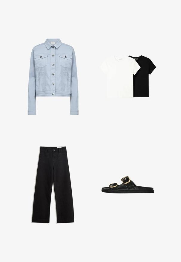Lichtblauwe denimjack met een gekraagde hals, twee borstzakken en zilverkleurige hardware met knoopsluitingen. Cropped fit en een zachte textuur.; Twee t-shirts met korte mouwen, één wit en één zwart, gemaakt van katoen. Beide hebben een ronde halslijn en een eenvoudig, klassiek ontwerp.; Zwarte denim broek met wijde pijpen en een hoge taille, voorzien van voor- en achterzakken, gestikte naden en een knoopsluiting. Gladde textuur.; Zwarte slipper met twee gouden gesps, gladde textuur, platte zool en een minimalistisch ontwerp.