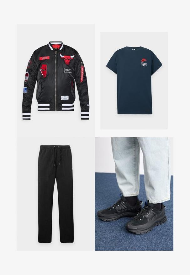 Svart satin bomberjakke med røde Chicago Bulls-logoer, stripete mansjetter og kant, samt flere broderte merker på fronten og ermene.; Marineblå t-skjorte i bomull med korte ermer. Har en rød Nike-logo og hvit tekst "AUTORISERT PERSONELL KUN" på venstre bryst.; Sorte joggebukser laget av fleece, med elastisk liv med snøring, to frontlommer og en liten logo på låret.; Svarte sportssko med teksturert stoff og gummisåler, med elastiske lisser og en blå detalj på hælen. Brukt med lyse denimbukser.