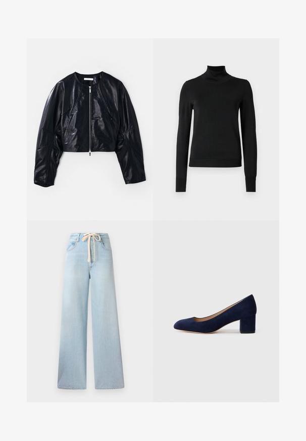 Cropped black leather jacket with a round neckline and zip front. Features structured shoulders and smooth texture with minimal accents.; Black long-sleeve turtleneck sweater with ribbed cuffs and hem, displayed on a plain white background.; Light blue wide-leg jeans made from denim, featuring a drawstring waistband and classic five-pocket design with minimal fading.; Navy blue suede pump with a pointed toe and a mid-height block heel. Smooth texture with a subtle sheen and a small cutout at the front.