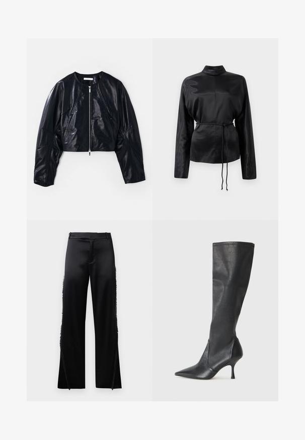 Lyhyet mustat nahkatakit, joissa on pyöreä kaulus ja vetoketjukiinnitys. Ominaisuuksiin kuuluvat voimakkaasti muotoillut olkapäät ja sileä pinta, jossa on minimaalinen koristelu.; Musta satiininen pitkähihainen paita, jossa on korkea kaulus, kireä vyötärö ja säädettävä nyöriyksityiskohta. Sileä rakenne kiiltävällä pinnalla.; Musta satiinifarkut leveillä lahkeilla, joissa on fringed yksityiskohtia sivusaumojen varrella ja tasainen vyötärönauha edessä. Takana pelkistetty ilme ilman taskuja.; Polvisuuriset mustat nahkasaappaat, joissa on terävä kärki ja hoikka stiletto-korko. Silkkinen pinta, tiukka muotoilu ja ompeleet yläreunassa.