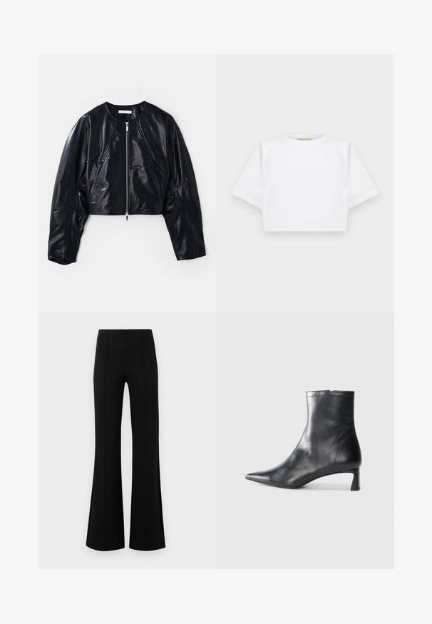 Kratek črn usnjeni jopič z okroglim ovratnikom in zadrgo spredaj. Opremljen je s strukturo ramen in gladko teksturo z minimalnimi akcenti.; Kratka bela majica iz mehkega materiala, s kratkimi rokavi, okroglega izreza in rebrastimi robovi. Preprost in neokrašen dizajn.; Črne krilate hlače z visokim pasom, izdelane iz raztegljive tkanine. Imajo vertikalne šive na sprednji strani in gladko teksturo.; Črne usnjene gležnjarje s šiljastim nosom in elegantnim dizajnom. Imajo nizko peto in zadrgo na zadnji strani. Gladka tekstura.