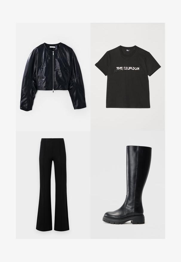 Afgekorte zwarte leren jas met een ronde halslijn en rits aan de voorkant. Bevat gestructureerde schouders en een gladde textuur met minimale accenten.; Zwarte katoenen t-shirt met korte mouwen, met een bedrukte witte en grijze "THE 2LOOK"-ontwerp over de voorkant. Klassieke ronde hals.; Zwarte flared broeken met een hoge taille, gemaakt van rekbaar materiaal. Bevat verticale naden aan de voorkant en heeft een gladde textuur.; Zwarte kniehoge laarzen van soepel leer, met een ronde neus en een robuuste rubberen zool met loopprofielen voor grip.