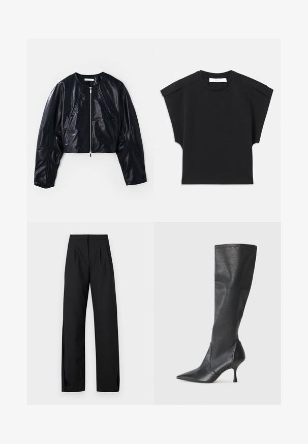 Gekürzte schwarze Lederjacke mit rundem Halsausschnitt und Reißverschluss vorne. Verfügt über strukturierte Schultern und eine glatte Textur mit minimalen Akzenten.; Schwarzes kurzärmliges Oberteil mit rundem Halsausschnitt und Schulterdetails, flach auf einem weißen Hintergrund ausgelegt.; Schwarze maßgeschneiderte Hose mit glatter Textur, weit geschnittenem Design, Frontfalten und seitlichen Schlitzen an den Säumen für zusätzlichen Stil und Bewegungsfreiheit.; Knöchelhoche schwarze Lederstiefel mit einer spitzen Zehe und einem schlanken Stiletto-Blockabsatz. Glatte Textur mit einer enganliegenden Passform und Nähten am oberen Rand.